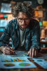 The man draws up a report with histo- and diagrams