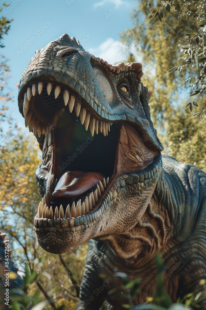 Poster a close-up image of a dinosaur statue with its mouth open, suitable for use in educational or scient