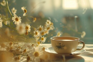 A ceramic cup and saucer setting on a wooden or metal table