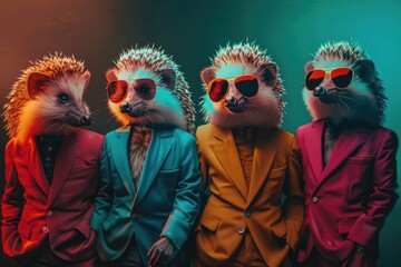 Three hedgehogs dressed in business attire with sunglasses, possibly representing a group of executives or professionals