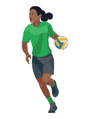 Dark-skinned women's volleyball girl player in a green t-shirt runs with ball for throw it