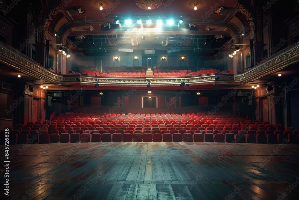 Poster an empty theater with red seats on the stage