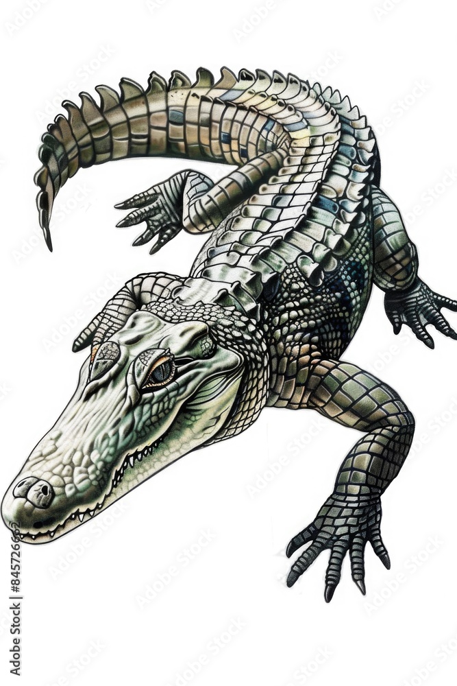 Poster a close-up image of a big alligator sitting on a white surface, with no distractions or backgrounds