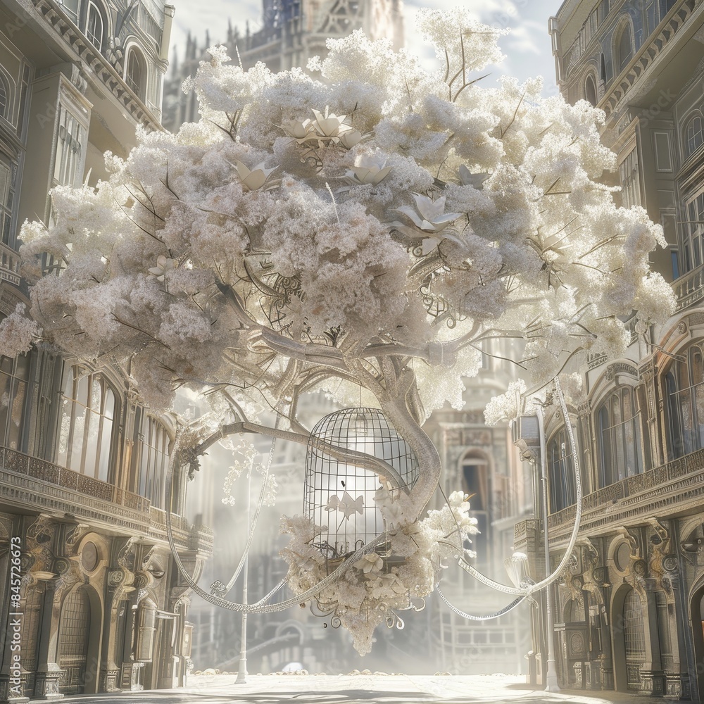 Poster floating white tree in a grand architectural setting during daylight