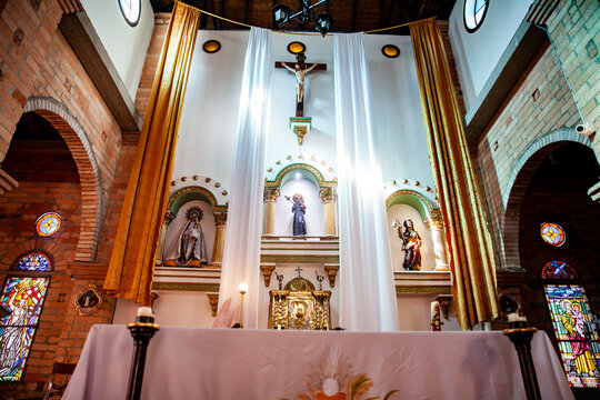 AGUADAS, COLOMBIA - JANUARY 15, 2024: Altar of the sanctuary of the famous San Antonio de Arma in the corregimiento of Santiago de Arma at the Municipality of Aguadas in Caldas, Colombia.