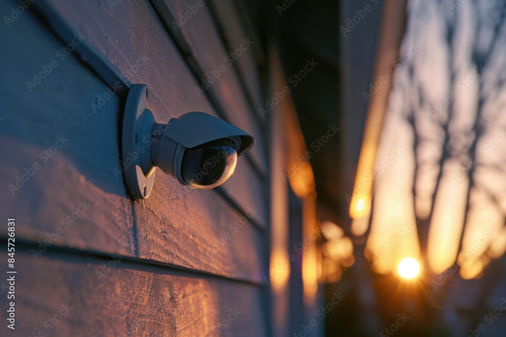 Poster a camera is mounted on the side of a building, providing an external view