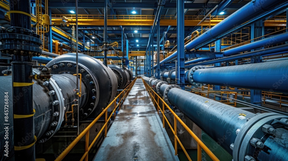Poster a large industrial-style room filled with numerous pipes, perfect for use in illustrations or design