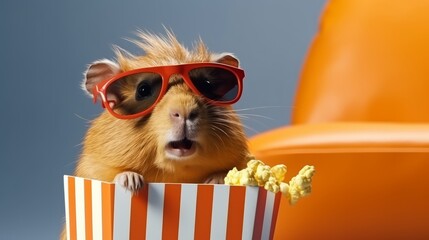 3D illustration of a capybara in glasses with popcorn in his paws looking at the camera