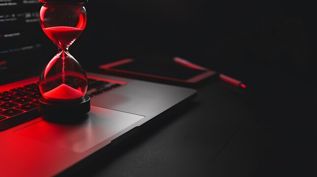 A red hourglass on laptop computer concept for time management