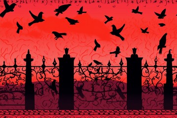 Halloween-themed pattern featuring gravestones, crows, and scarecrows silhouettes against a chaotic background.