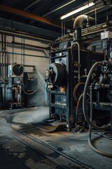 A picture of various industrial machines and pipes inside a large facility