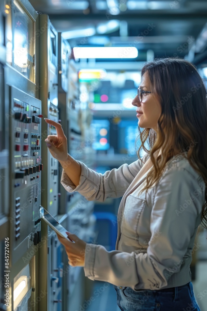 Poster A woman stands in front of a control panel with various buttons and displays