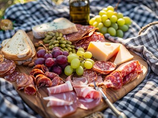 Close up of a charcuterie board with wine