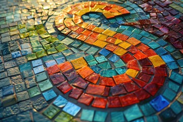 A close-up shot of a vibrant mosaic table with various colors and patterns