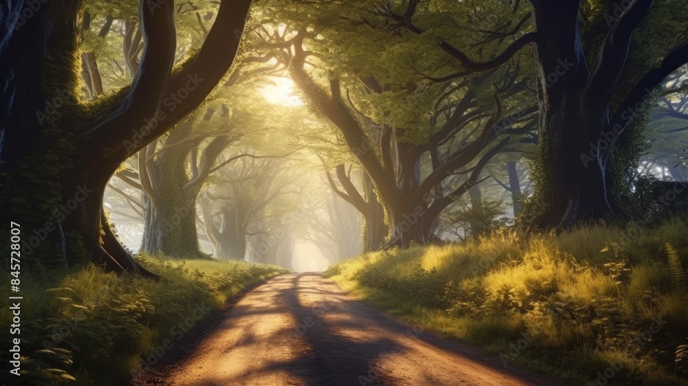 Poster enchanting forest pathway with beams of sunlight filtering through the trees, creating a mystical at