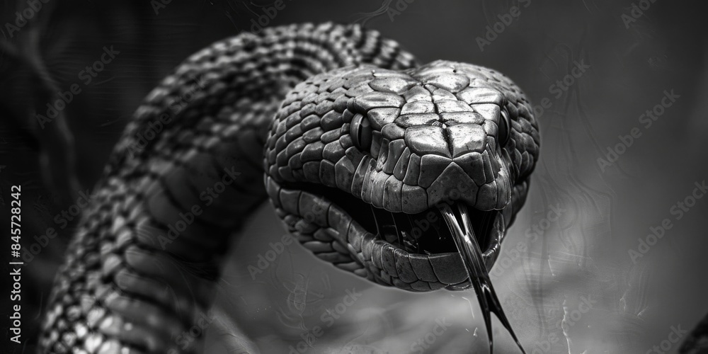Poster a close-up shot of a snake with its mouth wide open, revealing sharp teeth