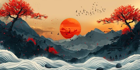 modern abstract art background with japanese wave pattern natural landscape template illustration with flower and leaf