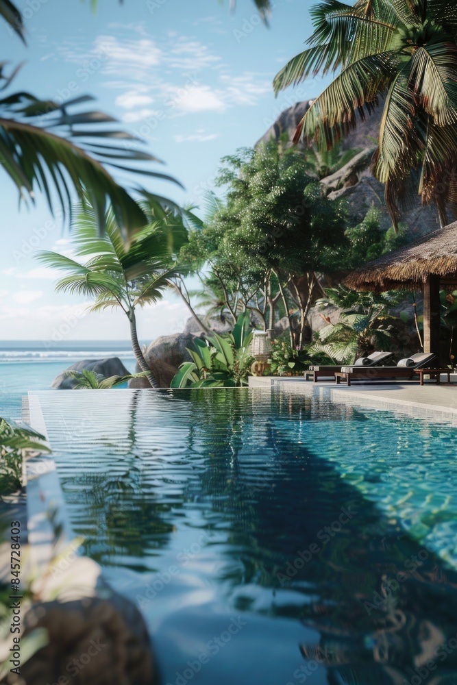 Poster a serene outdoor swimming pool scene with lush palm trees and the ocean in the background