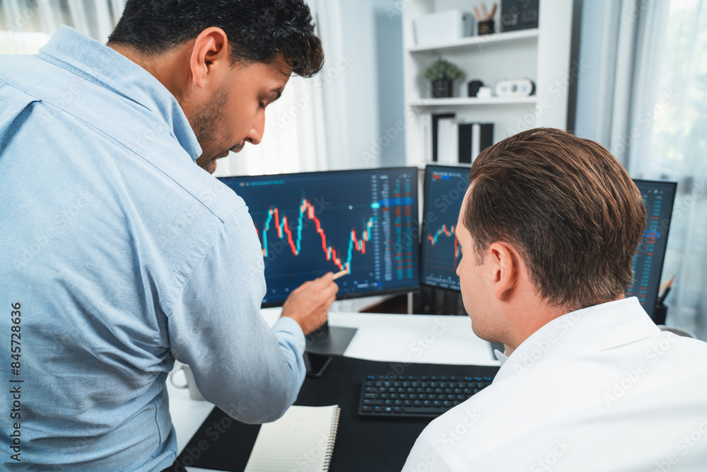 Aufkleber stock exchange traders discussing digital currency or market online focusing on real time dynamic da