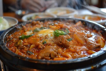 Someone is cooking food in a pan on a stove, korean food