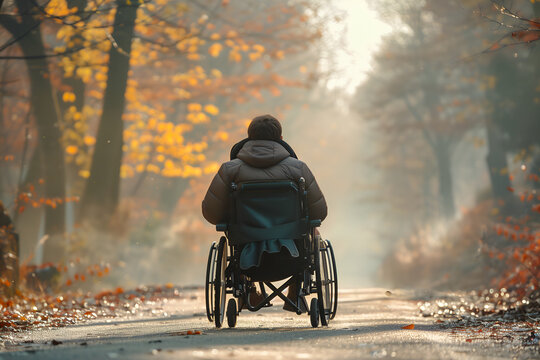 Homme en fauteuil roulant dans un parc vu de dos
