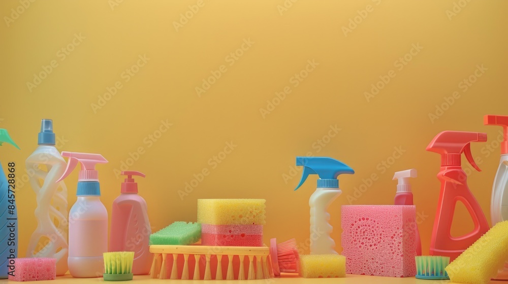 Poster a collection of various cleaning products and tools on a table, useful for illustrating home organiz