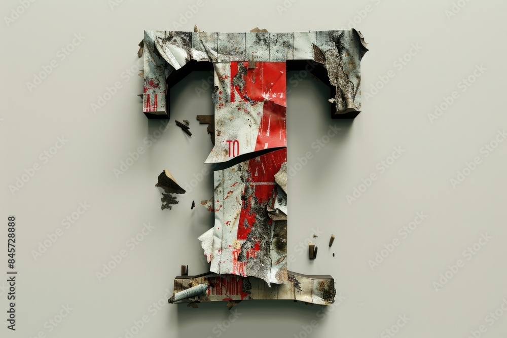 Poster A close-up shot of a metallic fragment with torn and worn-out paint