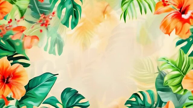 Illustration of a vibrant tropical scene with green palm leaves and red hibiscus flowers creating a border on a soft, light-colored background. Ideal for invitations or posters.