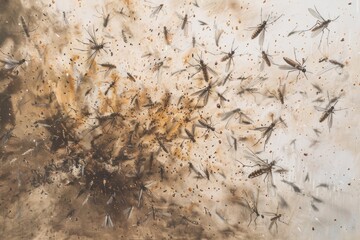 A swarm of mosquitoes hovering in mid-air, often found near water or humid environments