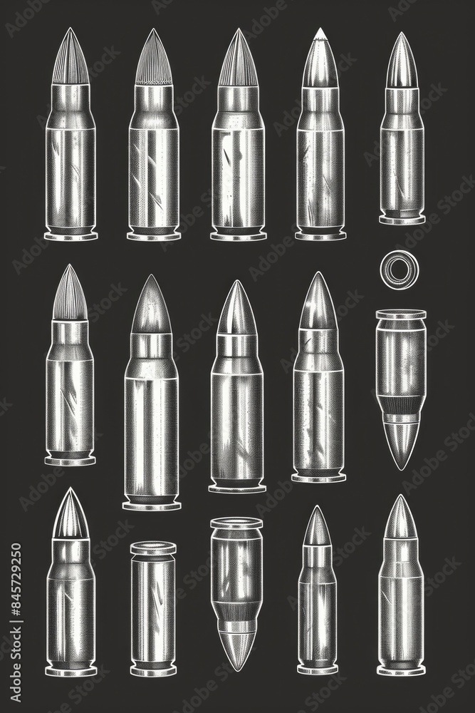 Poster a collection of bullet shells against a dark, contrasting background