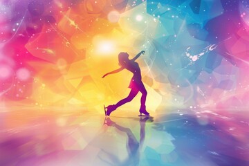 A woman skates on a vibrant background with bold colors and patterns