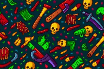 Obraz premium Horror pattern with blood, zombies, axes, warning signs, chaotic, eerie, Halloween, spooky, dark, creepy, frightening, terrifying, ominous, chilling, sinister, haunted house.