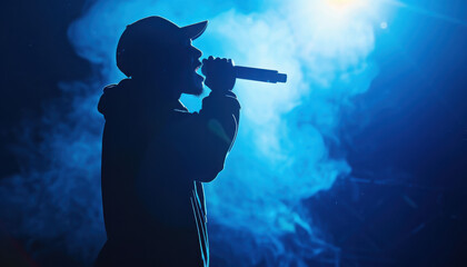 Silhouette of rap singer performing on stage. Bright blue background with hip hop artist performing on concert in night club