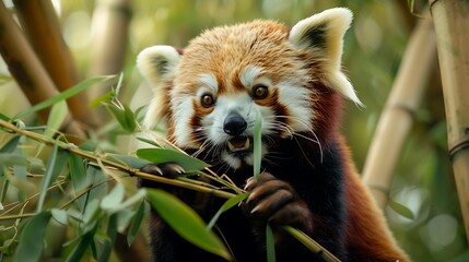 Fototapeta premium A red panda eating bamboo