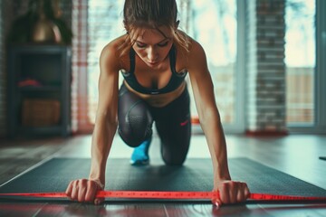 Fototapeta premium A person performing a push-up on a yoga mat, highlighting flexibility and strength