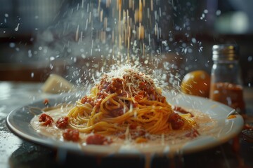 A plate of spaghetti covered in tomato sauce