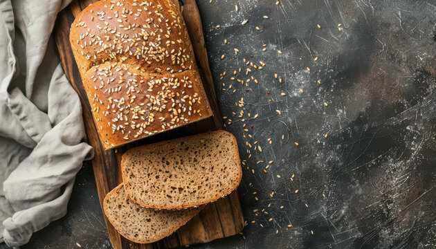 Sliced whole grain bread. Tasty wholegrain pastry with seeds in baket. Top view 