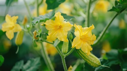 Fototapeta premium Trumpet shaped and small flowers of a yellow cucumber