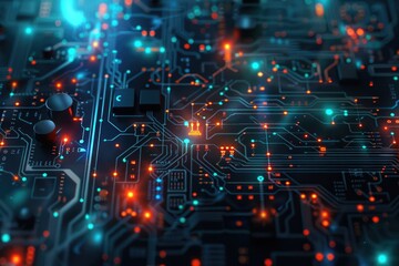 Information Technology. Futuristic Background with Motherboard Integrated Circuit and Cyber Tech Icons