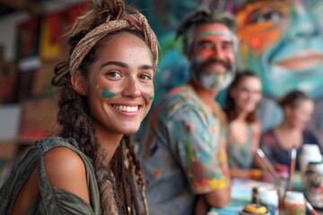 Fototapeta premium Smiling young woman with friends at art workshop