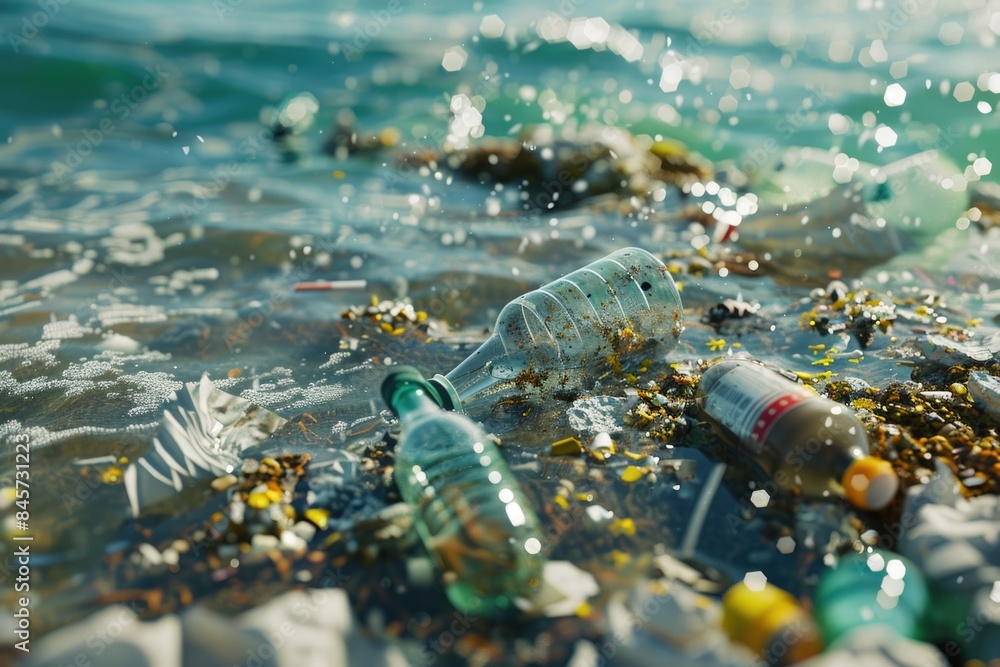 Poster A group of plastic bottles floating on the surface of calm water, with some submerged and others visible above the surface