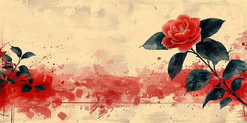 a modern background with japanese pattern featuring a camellia flower design with geometric a brush stroke decoration with a vintage flair