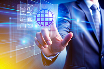 Fototapeta premium Businessman touching Global network connection with virtual graphic icon diagram, Big data analytics and business intelligence concept, global business, Digital link tech.