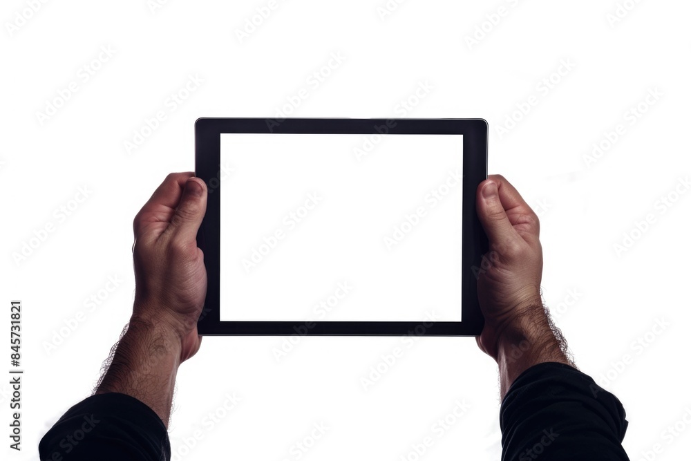 Poster a person holding a tablet computer with a blank white screen, potential for various uses including e