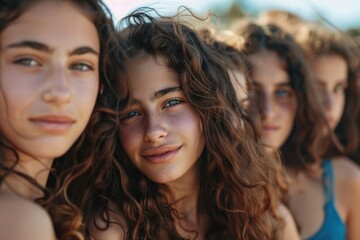 Fototapeta premium A group of young women standing next to each other, possibly friends or colleagues