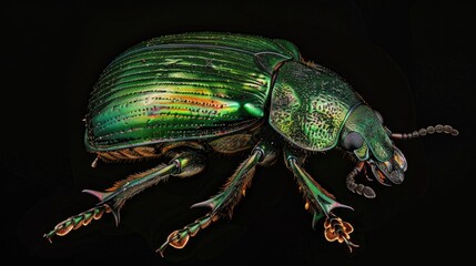 A close-up photo of a green beetle on a black background, useful for illustration or design