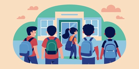 Back to School Illustration with Students Entering School Building

