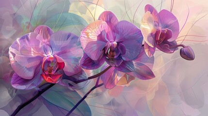 A painting of three purple orchids with a blue background