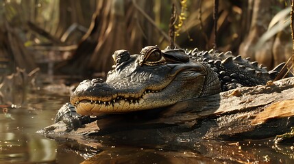 Fototapeta premium A reptilian with a sharp snout relaxing in a big log of cajun swamp tours