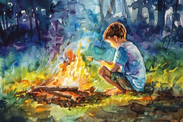 A young boy sits in front of a campfire, possibly on a camping trip or outdoor adventure